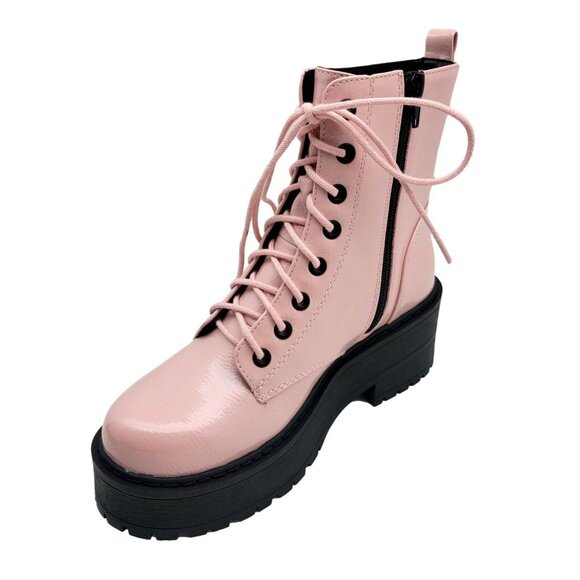 Fling Pink Combat Boots On Chunky Platform with Lug Soles and Side Zipper - Picture 5 of 7